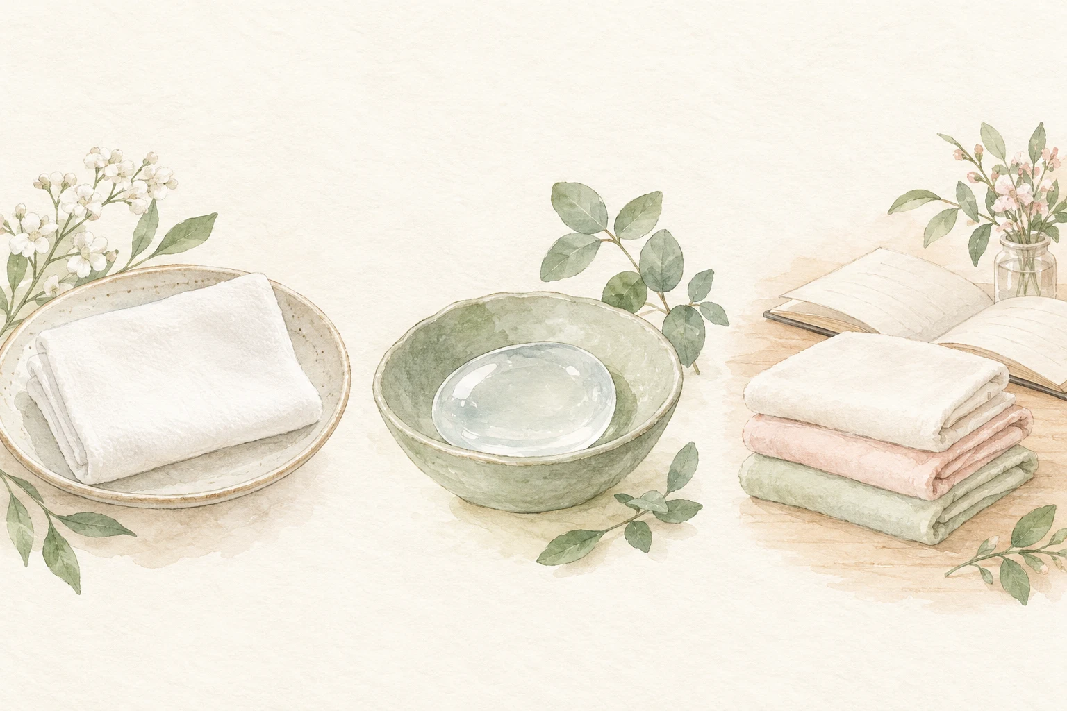 布、ガラスの小石、布の束と本を並べ、素材と継続するペースを考える説明用イラスト