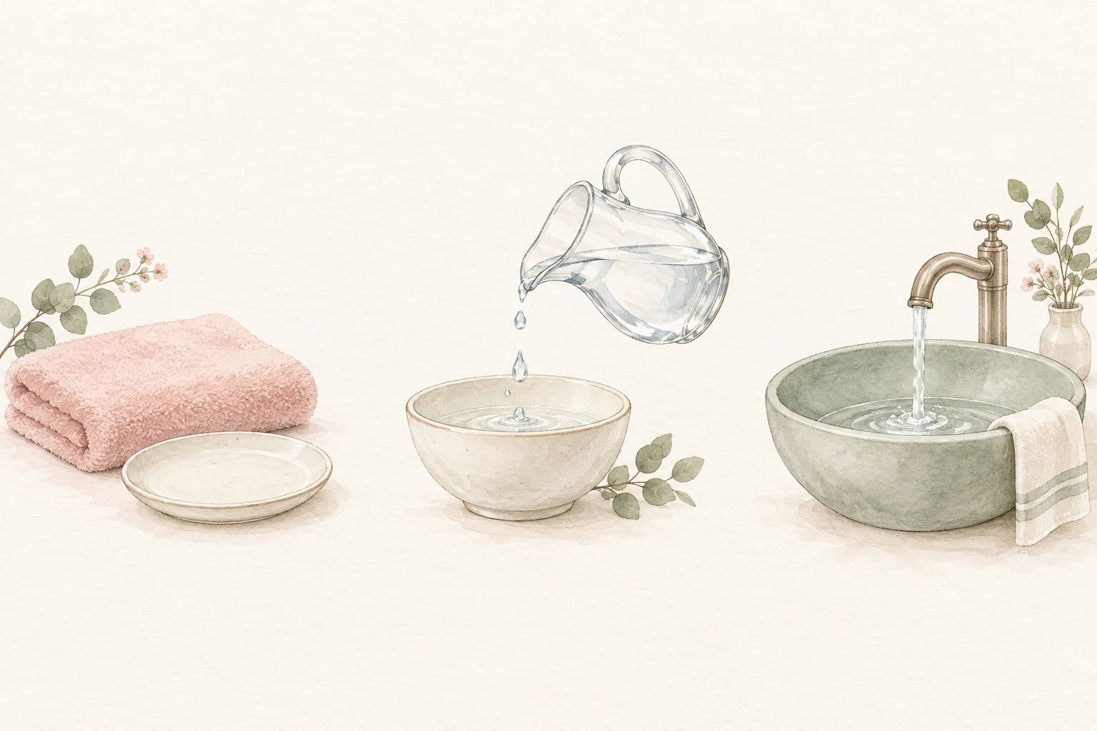 乾いたタオル、水を注ぐ器、洗面台を並べた水まわりの編集イラスト。実際の操作は下の4工程に記載。