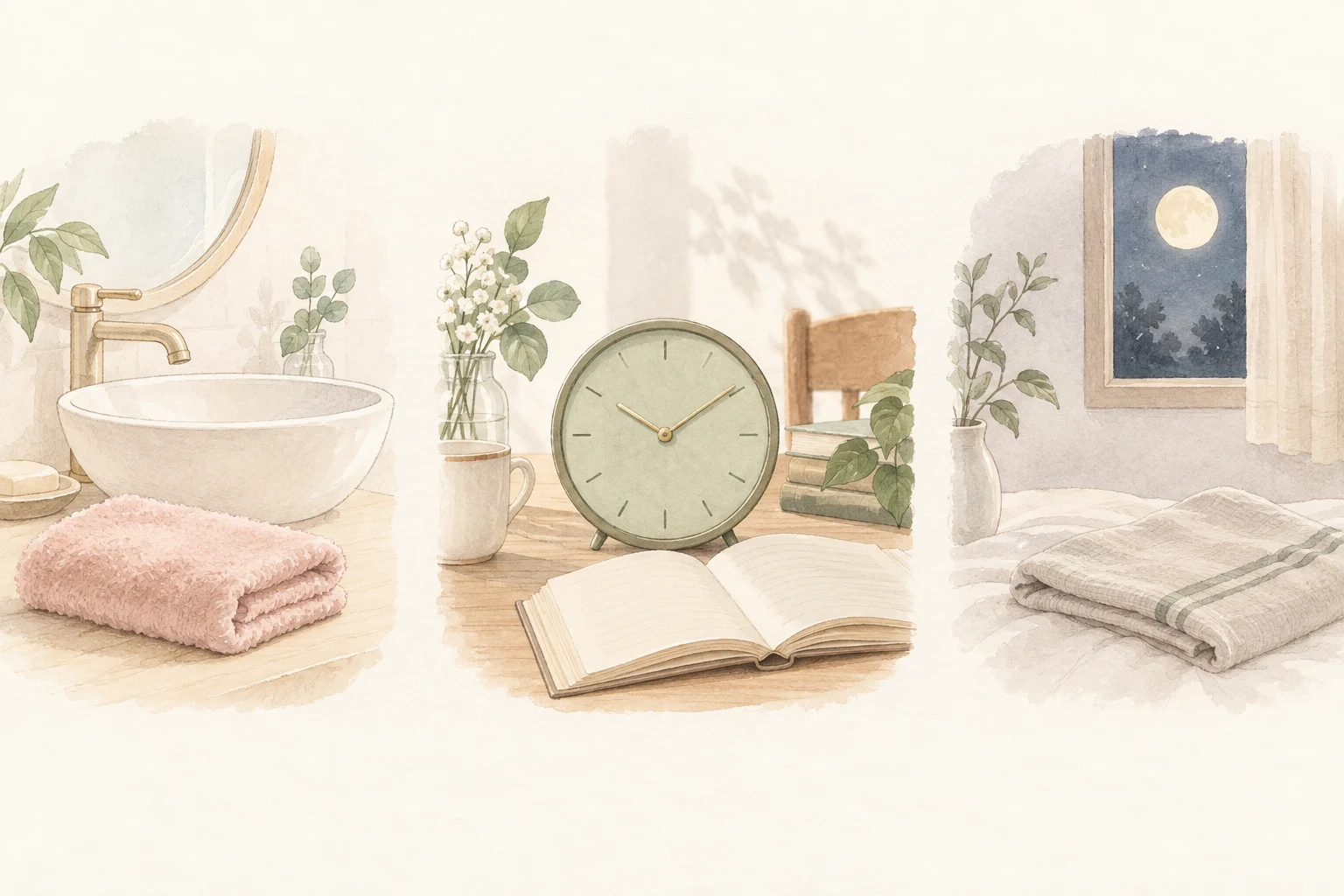洗顔用タオル、時計と本、夜の窓を分けて描いた、ケア時間を考えるための説明用イラスト