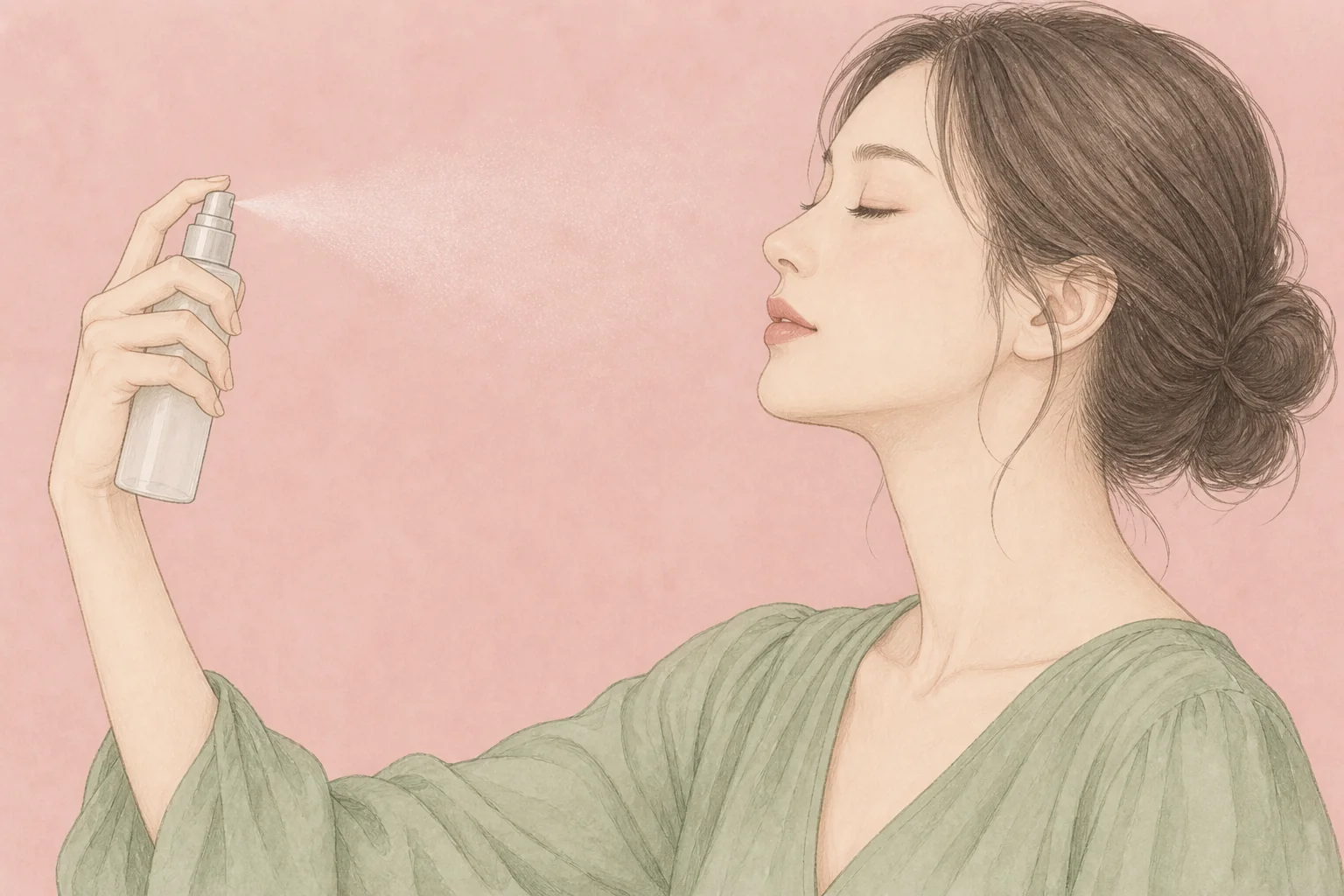目を閉じた女性が、顔から離したミスト容器でスプレーする説明用イラスト。正確な距離は本文の約20cmを参照。