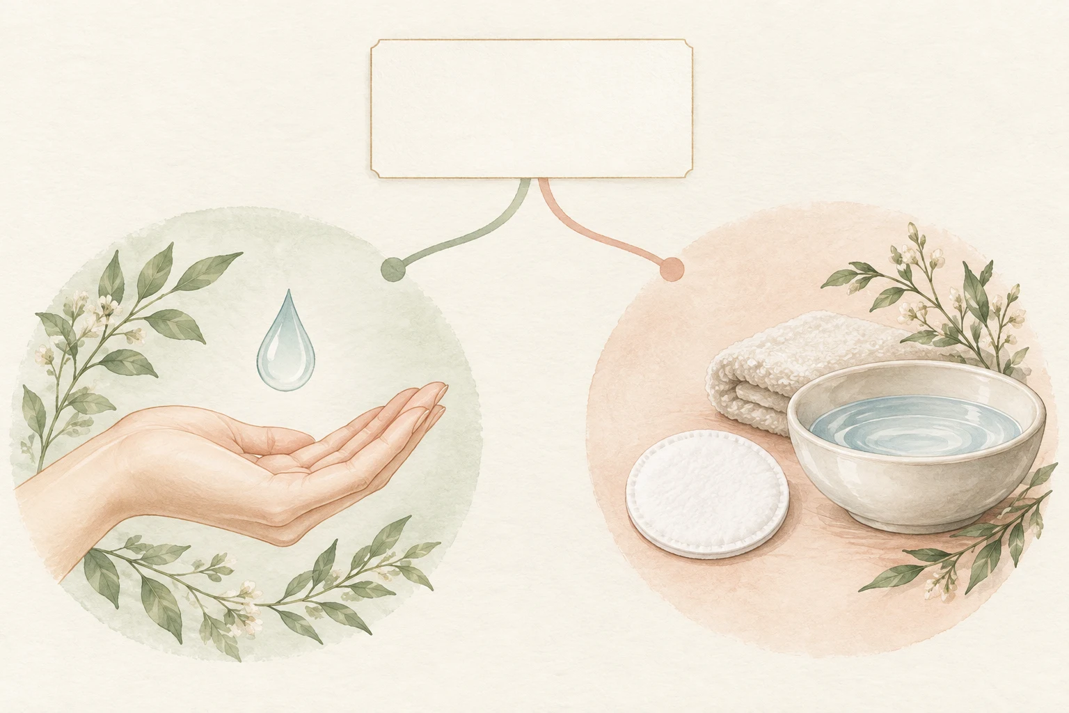 手のひらとしずく、コットンと水鉢を別の枝に配置し、保湿と拭き取り・すすぎの用法を分けて読む概念イラスト