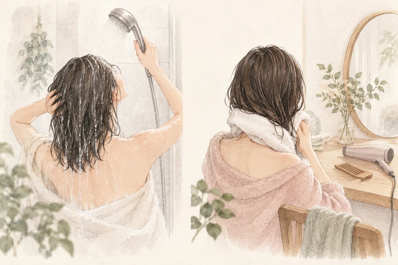 シャワーで髪をすすぐ場面と、タオルドライ後の場面を分けた説明用イラスト